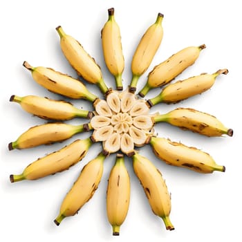 Banana mandala a vibrant mandala of ripe bananas with peels unfurling and slices flying. Food isolated on transparent background.