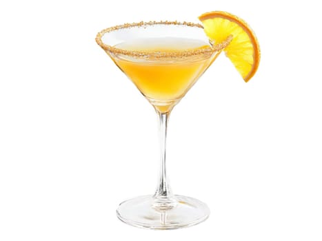 Sidecar A chic martini glass with amber liquid sugar rim and orange twist with cognac. Drink isolated on transparent background.