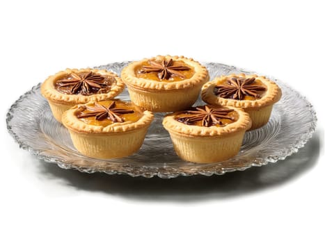 Christmas tea time mince pies and a pot of tea with cinnamon sticks served. Food isolated on transparent background.