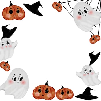 Cute halloween frame. Hand drawn happy watercolor halloween in square frame. Clip art isolated cartoon template on white background. Ideal for holiday, party and greeting card design
