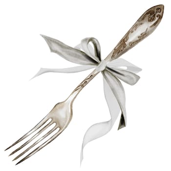 Fork watercolor. Silver cutlery with a bow hand drawn on isolated white background. Clip art of vintage fork made of nickel silver. Ideal for restaurant menu design and cookbooks. High quality illustration