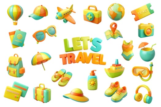 Collection of adventure tourism, travel abroad, summer vacation trip, hiking and backpacking decorative design elements isolated on white background. 3D plastic colorful illustration. Ai generated image