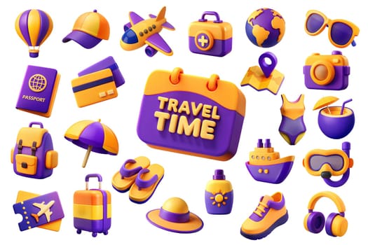 Collection of adventure tourism, travel abroad, summer vacation trip, hiking and backpacking decorative design elements isolated on white background. 3D plastic colorful illustration. Ai generated image