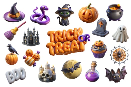 Happy Halloween set witch, pumpkins, ghost, bat, black cat, mummy, castle, crow, spider, broom, potion, witch's cauldron. Characters and elements for halloween isolated on white. Ai generated image