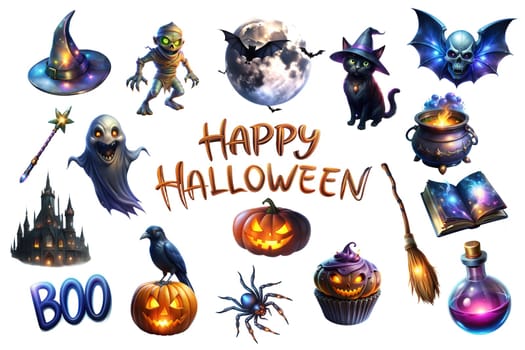 Happy Halloween set witch, pumpkins, ghost, bat, black cat, mummy, castle, crow, spider, broom, potion, witch's cauldron. Characters and elements for halloween isolated on white. Ai generated image