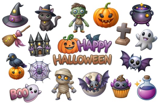 Happy Halloween set witch, pumpkins, ghost, bat, black cat, mummy, castle, crow, spider, broom, potion, witch's cauldron. Characters and elements for halloween isolated on white. Ai generated image