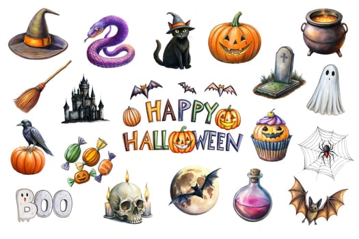 Happy Halloween set witch, pumpkins, ghost, bat, black cat, mummy, castle, crow, spider, broom, potion, witch's cauldron. Characters and elements for halloween isolated on white. Ai generated image