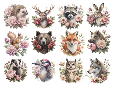 Wild forest animals set. Bear, squirrel, deer, hare, fox, owl, wolf, hedgehog, raccoon, boar, badger, woodpecker with flowers. Watercolor animals isolated on white background. Stickers set. Ai generated image