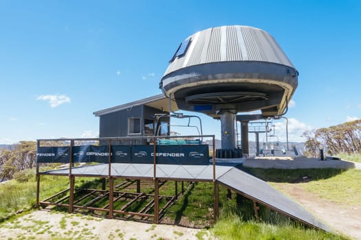 THREDBO, AUSTRALIA - DECEMBER 15 2023: Cruiser chairlift setup for mountain biking summer season at Thredbo on a warm summer's day in the Snowy Mountains, New South Wales, Australia