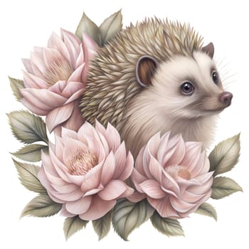 Hedgehog among flowers isolated on white background. Forest animal illustration. Watercolor animals isolated on white background. Sticker. Ai generated image