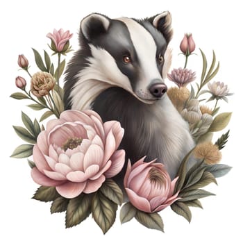 Badger among flowers isolated on white background. Forest animal illustration. Watercolor animals isolated on white background. Sticker. Ai generated image