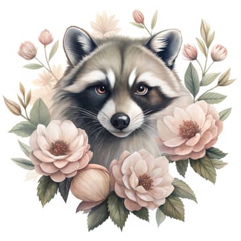 Raccoon among flowers isolated on white background. Forest animal illustration. Watercolor animals isolated on white background. Sticker. Ai generated image