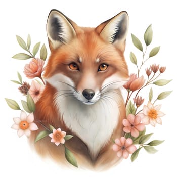 Fox among flowers isolated on white background. Forest animal illustration. Watercolor animals isolated on white background. Sticker. Ai generated image