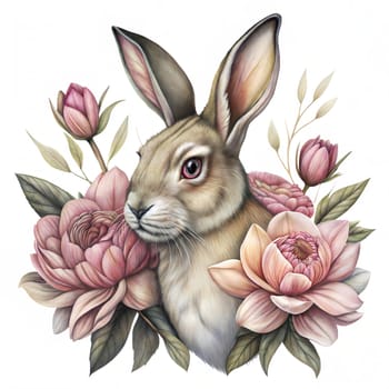 Hare among flowers isolated on white background. Forest animal illustration. Watercolor animals isolated on white background. Sticker. Ai generated image
