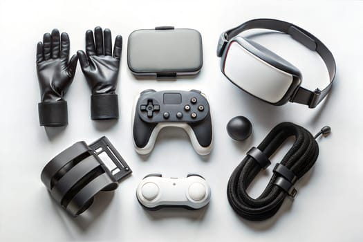 Gamer concept, top view a gaming gear, joystick, headset, VR Headset isolated on white table background. Ai generated image