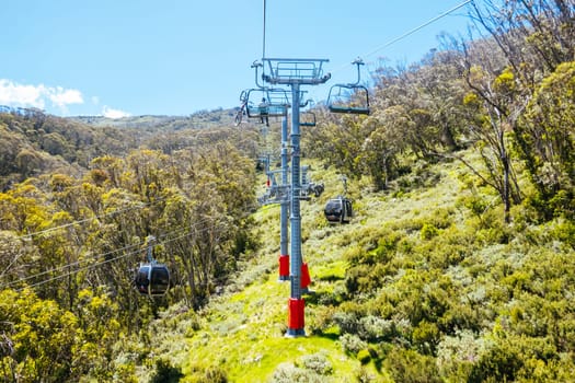 THREDBO, AUSTRALIA - DECEMBER 15 2023: Chairlifts for mountain biking summer season at Thredbo on a warm summer's day in the Snowy Mountains, New South Wales, Australia