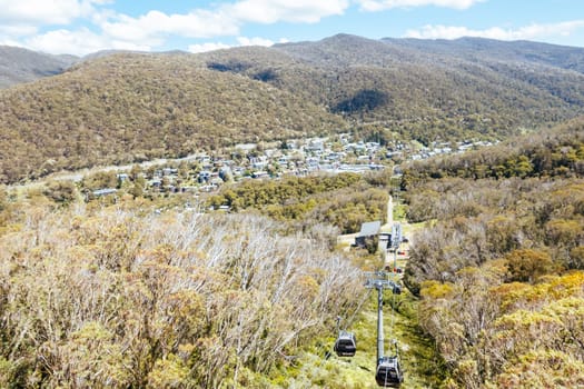 Landscape views across the slopes of Thredo towards the village in the Snowy Mountains, New South Wales, Australia