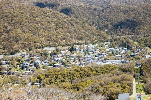 Landscape views across the slopes of Thredo towards the village in the Snowy Mountains, New South Wales, Australia