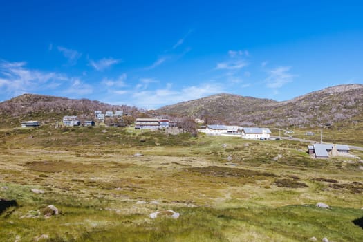 Perisher village views in summer in Kosciuszko National Park, Snowy Mountains, New South Wales, Australia