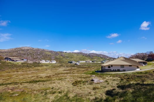 Perisher village views in summer in Kosciuszko National Park, Snowy Mountains, New South Wales, Australia