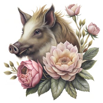 Boar among flowers isolated on white background. Forest animal illustration. Watercolor animals isolated on white background. Sticker. Ai generated image