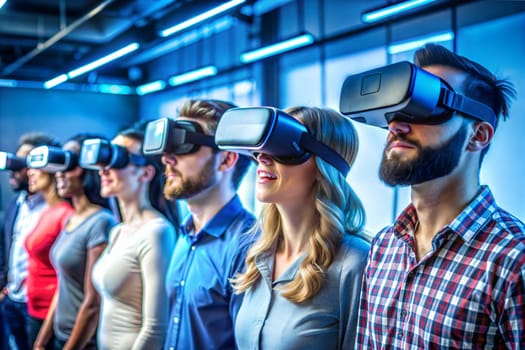 People with vr googles watching at metaverse reality. Concept of futuristic technology, virtual reality and progressive people. Ai generated image