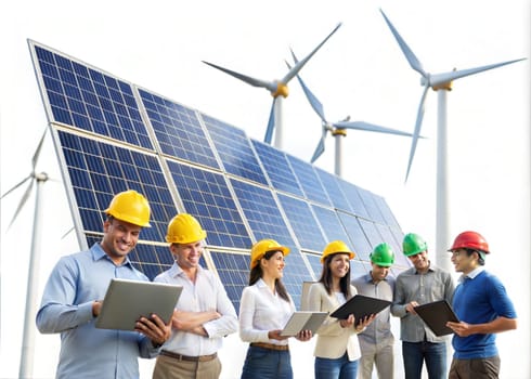 The solar farm(solar panel) and wind turbins with engineers check the operation of the system, Alternative energy to conserve the world's energy, Concept of clean energy production. Al generated image