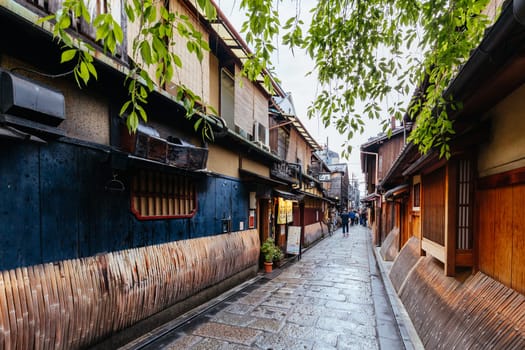 KYOTO, JAPAN - MAY 14, 2019: Beautiful traditional streetscape around Shirakawa Lane during the day in Higashiyama district in Kyoto, Japan