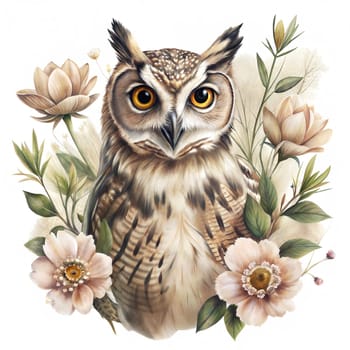 Owl among flowers isolated on white background. Forest bird illustration. Watercolor bird isolated on white background. Sticker. Ai generated image
