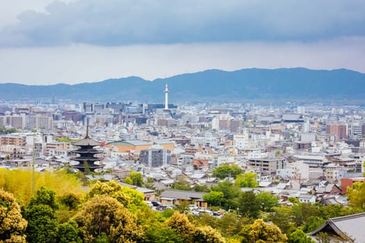 The view over Kyoto city from Higashiotani Cemetery on a spring afternoon in Japan