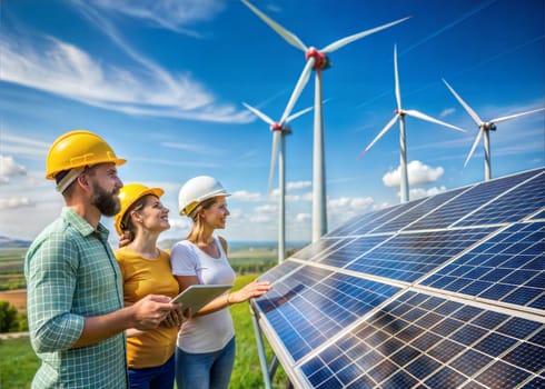 The solar farm(solar panel) and wind turbins with engineers check the operation of the system, Alternative energy to conserve the world's energy, Concept of clean energy production. Al generated image