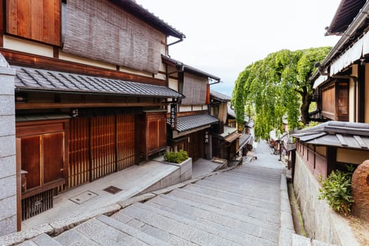 KYOTO, JAPAN - MAY 14, 2019: Beautiful traditional streetscape during the day in Higashiyama district in Kyoto, Japan