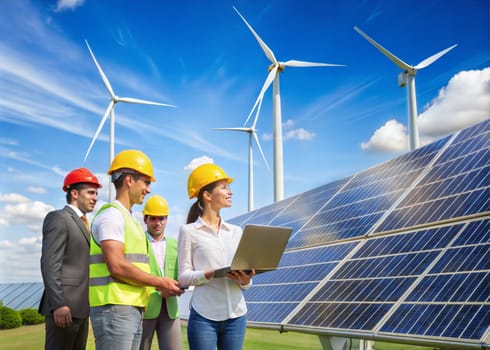 The solar farm(solar panel) and wind turbins with engineers check the operation of the system, Alternative energy to conserve the world's energy, Concept of clean energy production. Al generated image