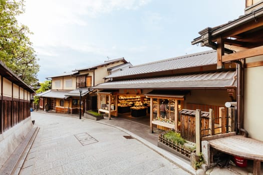 KYOTO, JAPAN - MAY 14, 2019: Beautiful traditional streetscape during the day in Higashiyama district in Kyoto, Japan
