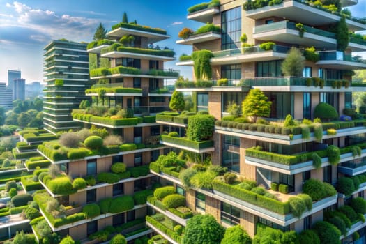 Growing green Plants on the Facade of a Houses, vertical garden in architecture. Ai generated image