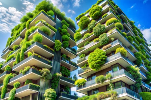 Growing green Plants on the Facade of a Houses, vertical garden in architecture. Ai generated image