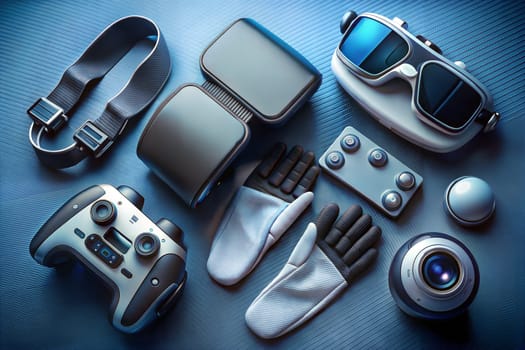 Gamer concept, top view a gaming gear, joystick, headset, VR Headset on blue table background. Ai generated image