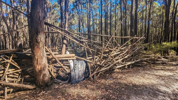 A bush camp setup in Wombat State Forest near Macedon, Victoria, Australia