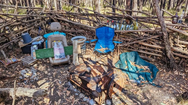 A bush camp setup in Wombat State Forest near Macedon, Victoria, Australia