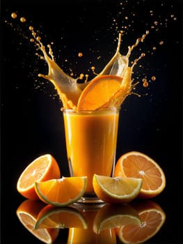 Fresh splash of squeezed orange juice with pieces of oranges on black background. Ai generated image