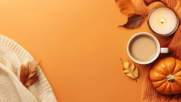 A cup of steaming coffee sits beside a lit candle, surrounded by a pumpkin and autumn leaves atop a soft knit scarf against an orange backdrop.