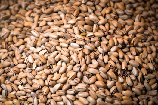 Pistachios in the shell, a lot of useful nuts lie and are prepared for eating, for creating a product.