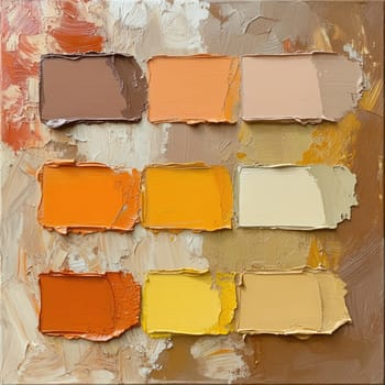 A variety of paint swatches in shades of orange and beige are arranged on a textured surface, highlighting the rich colors and artistic possibilities suitable for any creative project.