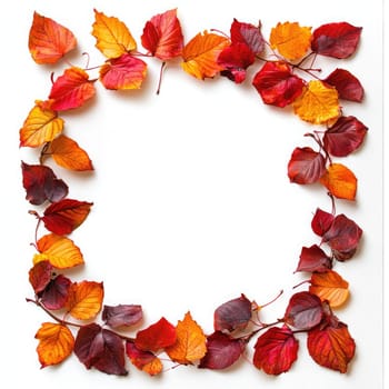 A circular arrangement features various orange and yellow autumn leaves intertwined with bright red berries, creating a festive fall decoration perfect for seasonal displays.
