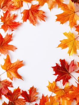 A circular arrangement features various orange and yellow autumn leaves intertwined with bright red berries, creating a festive fall decoration perfect for seasonal displays.