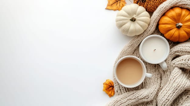 A warm beverage sits next to a knitted sweater, adorned with vibrant autumn leaves and red berries, creating a comforting seasonal atmosphere.