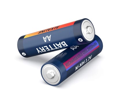 Alkaline and Ni-MH rechargeable AA size batteries on white background