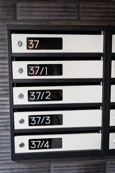 Metal mailboxes in a modern apartment building