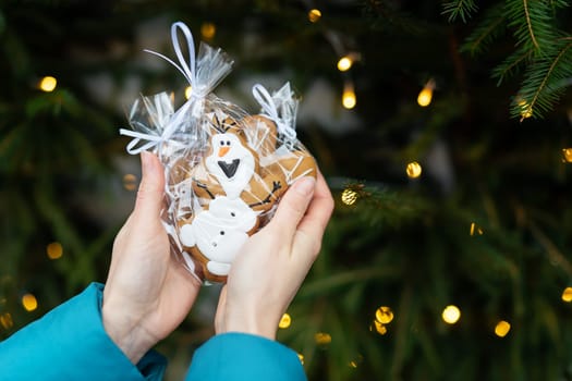 A girl holds cookies on the eve of New Years and Christmas 2022-2023 on the street against the background of garland lights