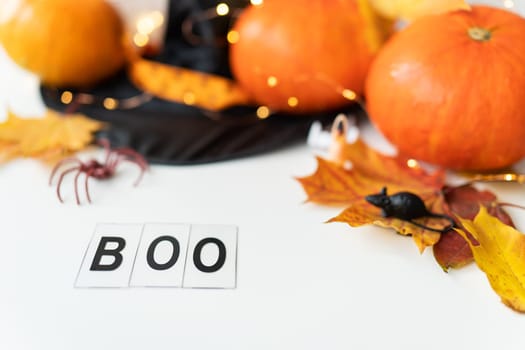 Boo inscription isolated on white background. Against the background of a spider, a mouse, a hat, yellow leaves. Holiday and party concept